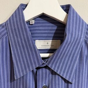 Ermenegildo Zegna Navy White Striped Men Neck 16.5 Dress Shirt 100% Cotton‎